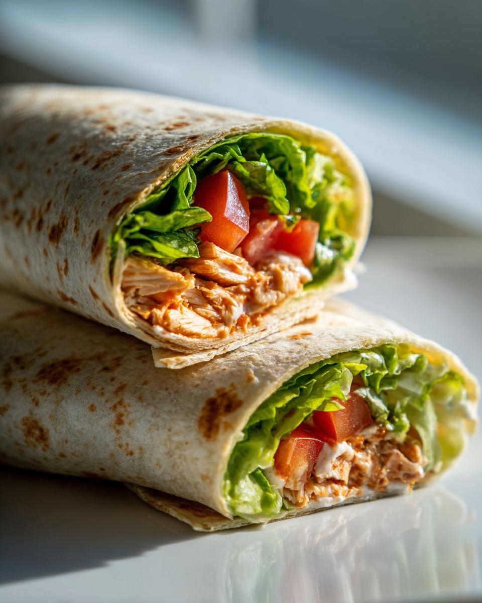 Close-up of two chicken wraps filled with lettuce, tomato, and sauce.