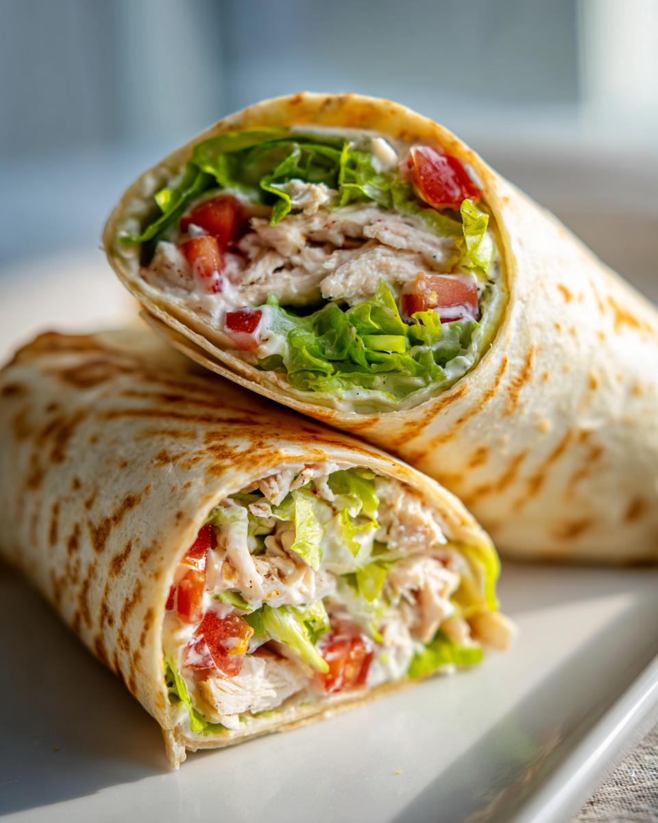 Close-up of a chicken wrap filled with lettuce, tomato, and creamy dressing.