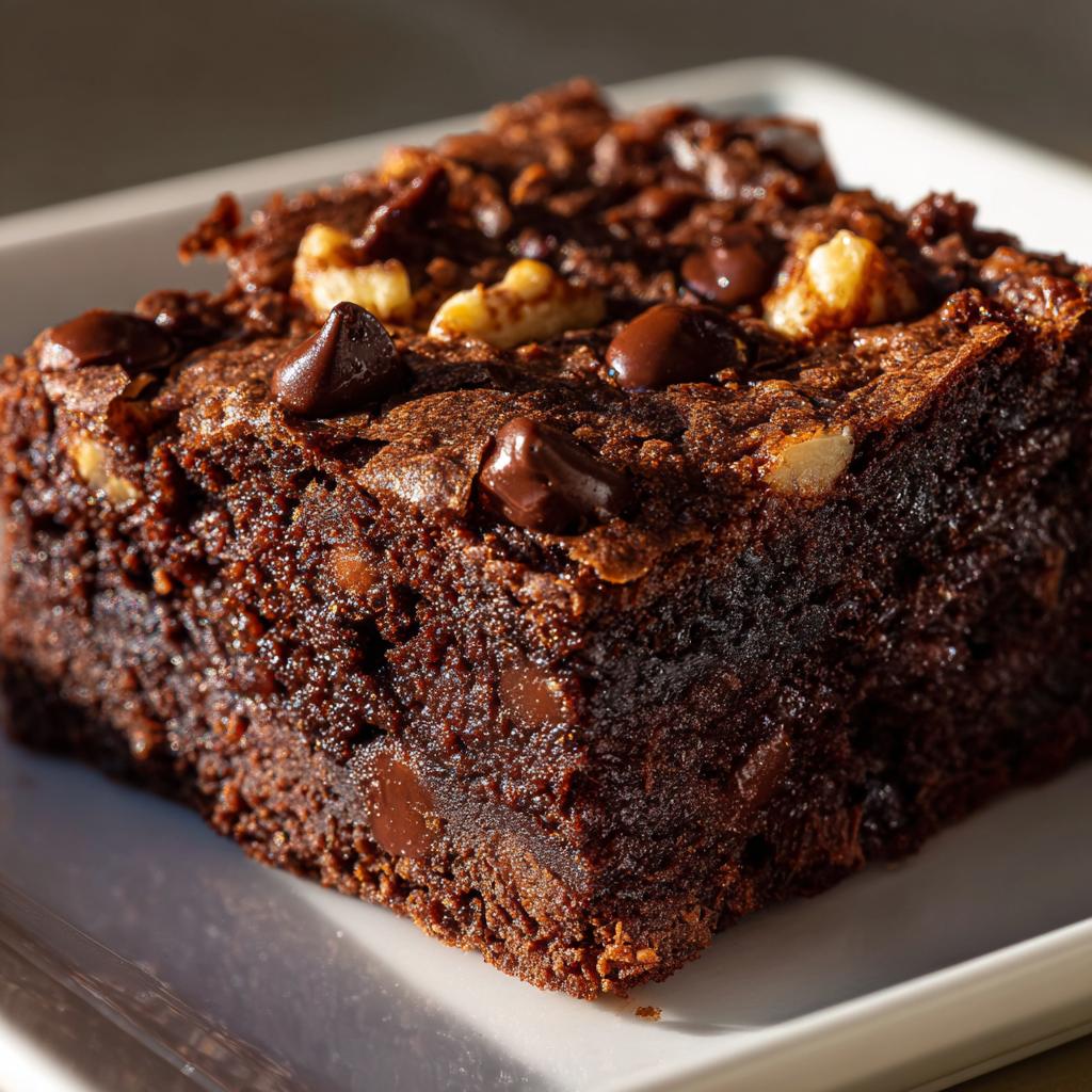 Close-up of a rich chocolate brownie with nuts and chocolate chips on a white plate.