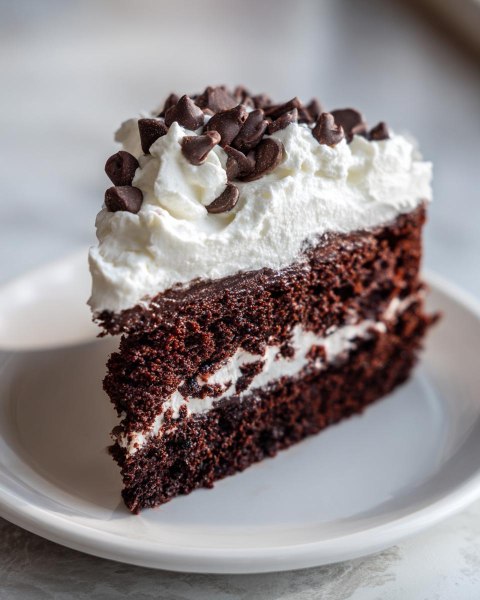 Slice of chocolate cake with whipped cream and chocolate chips on a white plate, easy dessert recipes