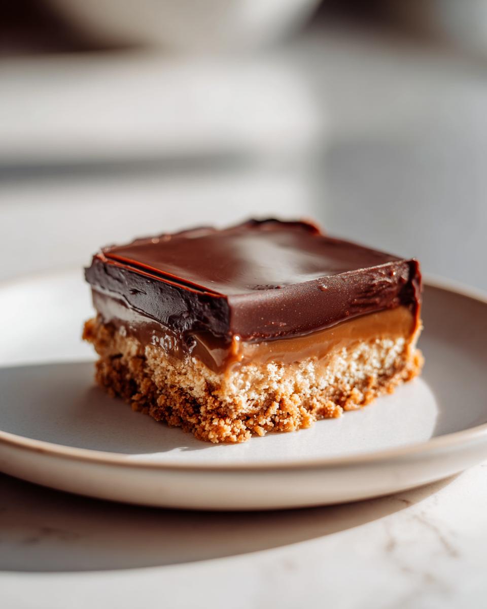 Close-up of a chocolate caramel slice dessert on a plate, a perfect quick sweet treats option.