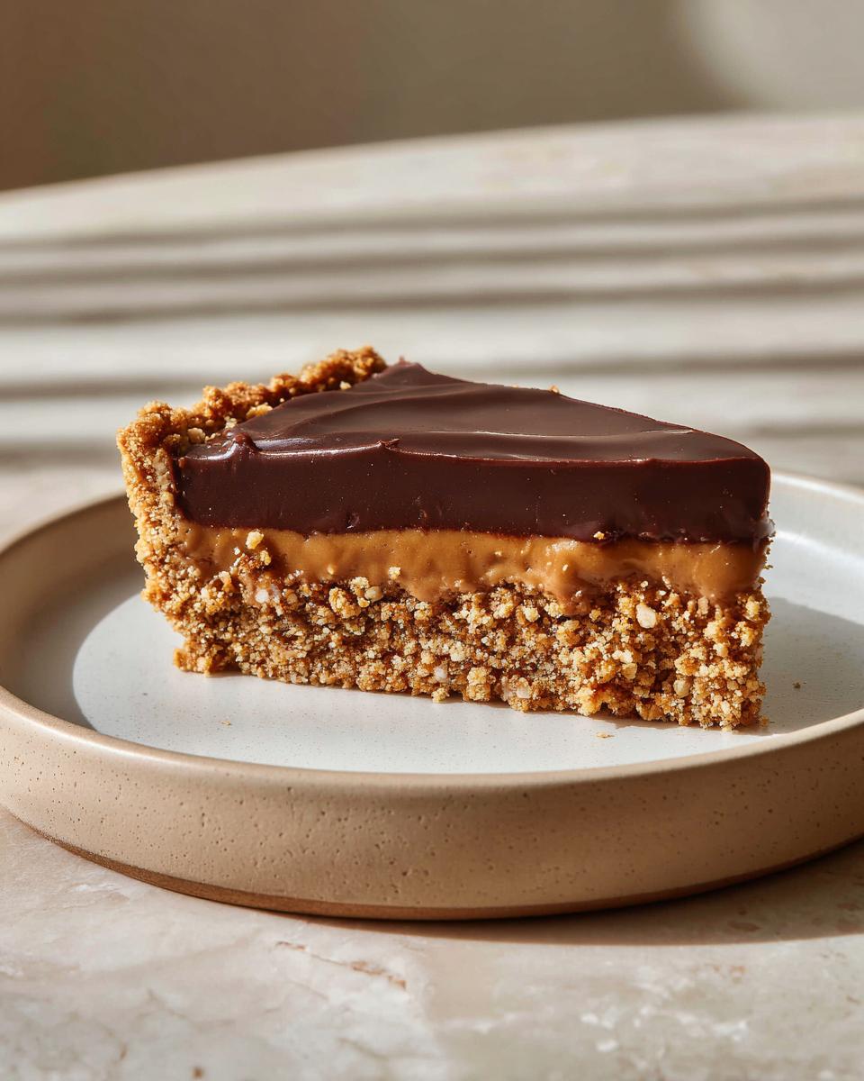 Slice of chocolate caramel dessert with crumbly base on a beige plate, a perfect quick sweet treats option.