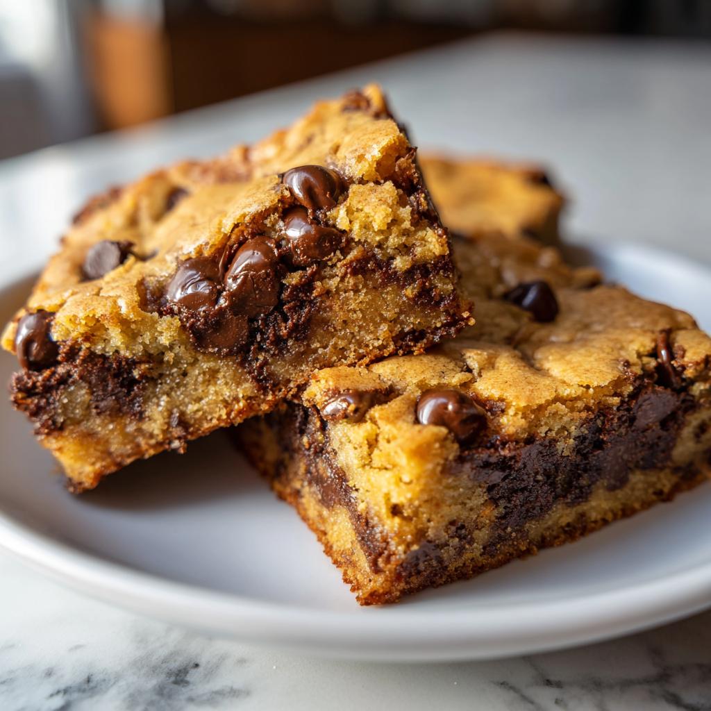 Two chocolate chip blondie bars stacked on a white plate with melted chocolate chips.