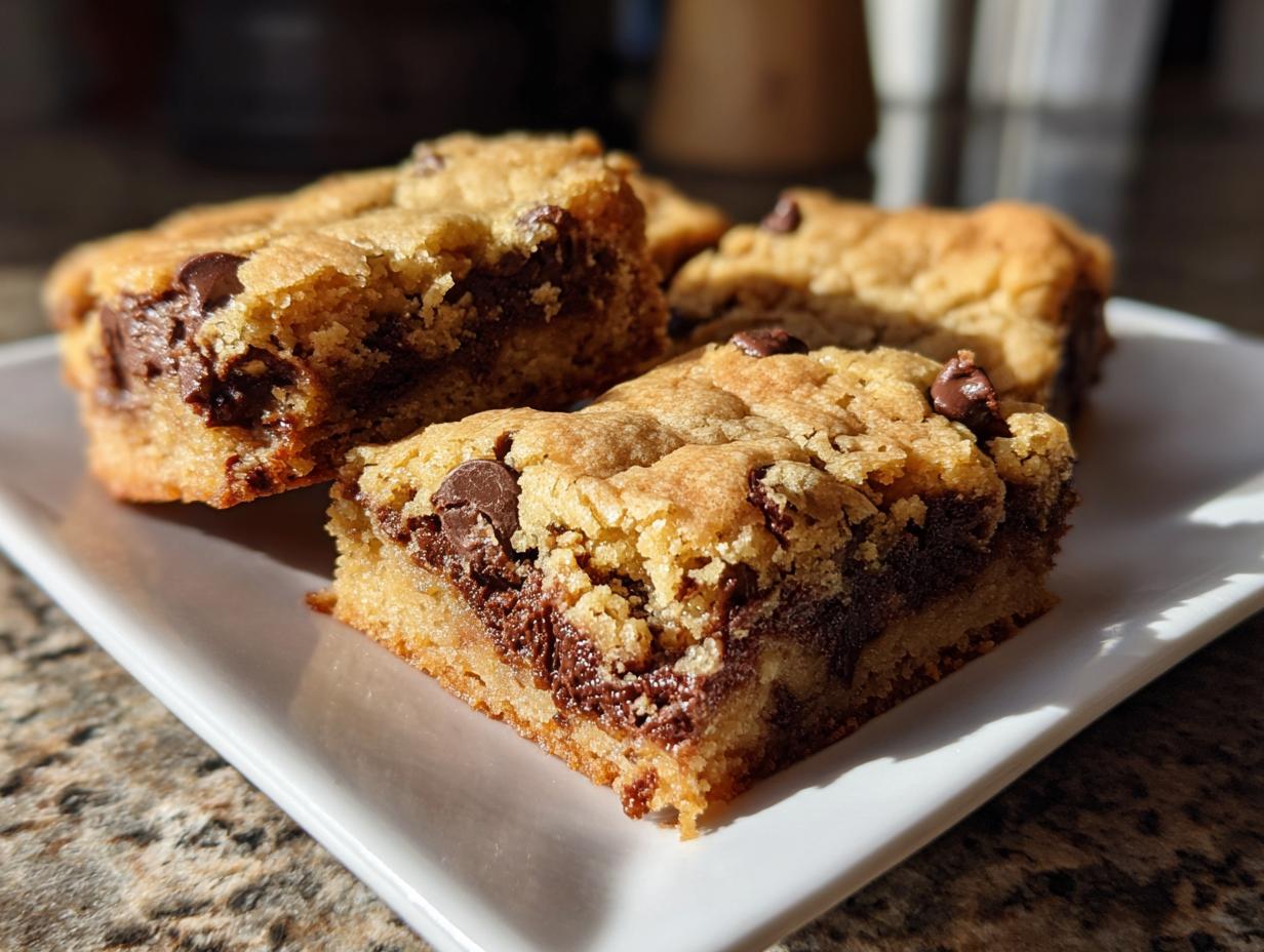 Close-up of chocolate chip blondie bars with gooey chocolate chips on a white plate.