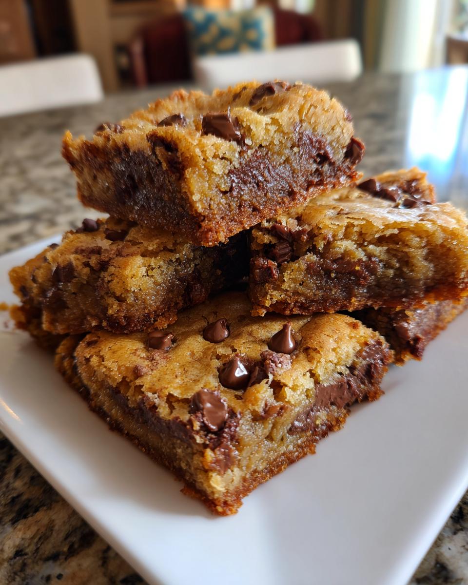 Close-up of stacked chocolate chip blondie bars showing gooey chocolate chips inside.