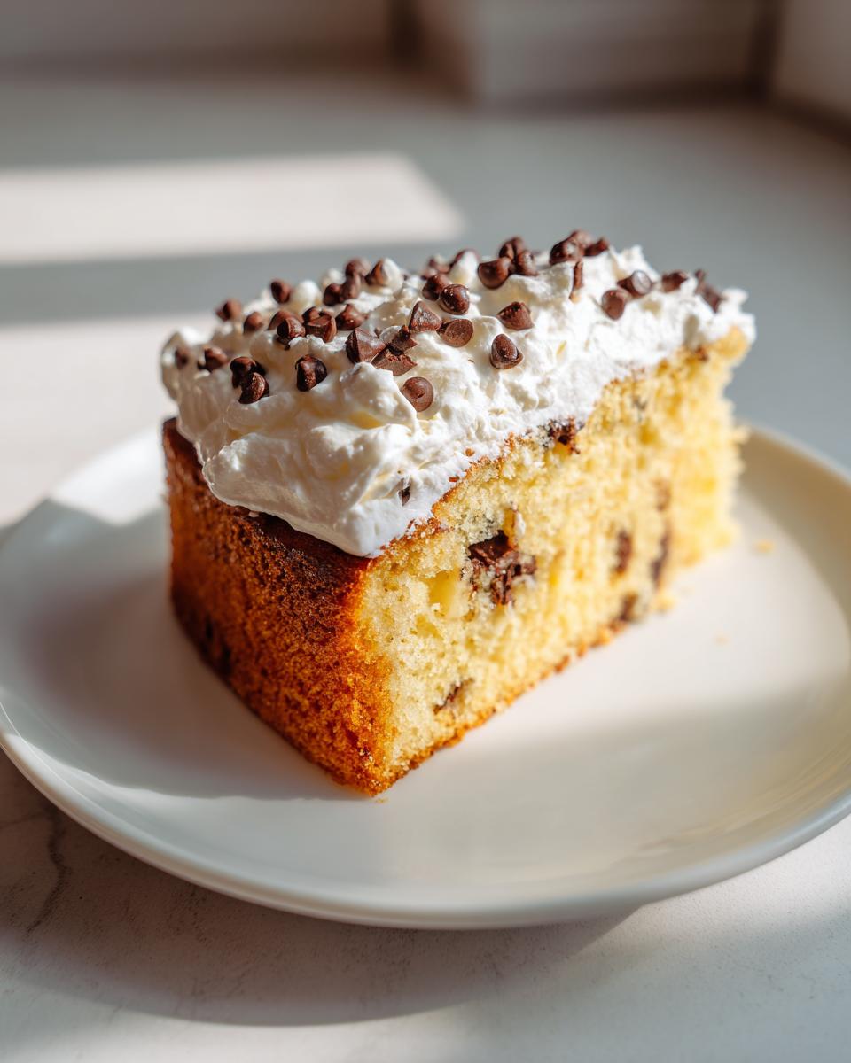 Slice of chocolate chip cake topped with whipped cream and chocolate chips on a white plate.