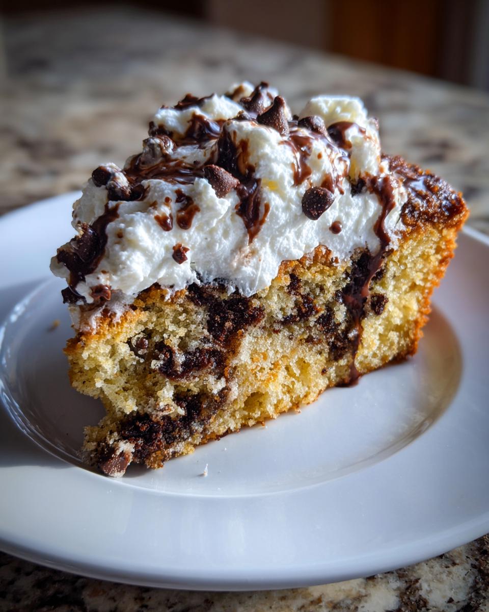 Slice of chocolate chip cake topped with whipped cream and chocolate drizzle on a white plate.