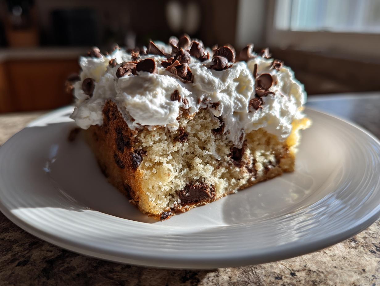 Slice of chocolate chip cake topped with whipped cream and chocolate chips on a white plate.