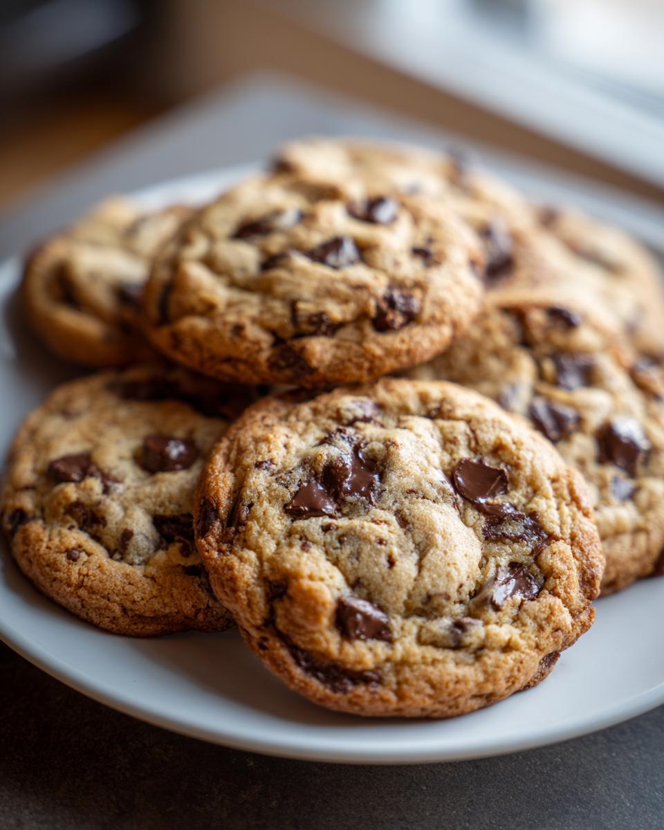 Close-up of freshly baked chocolate chip cookies recipe stacked on a white plate.