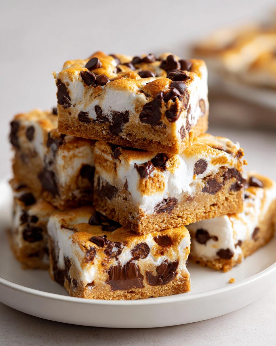 Close-up of stacked chocolate chip marshmallow bars on a white plate, perfect sweet party treats.