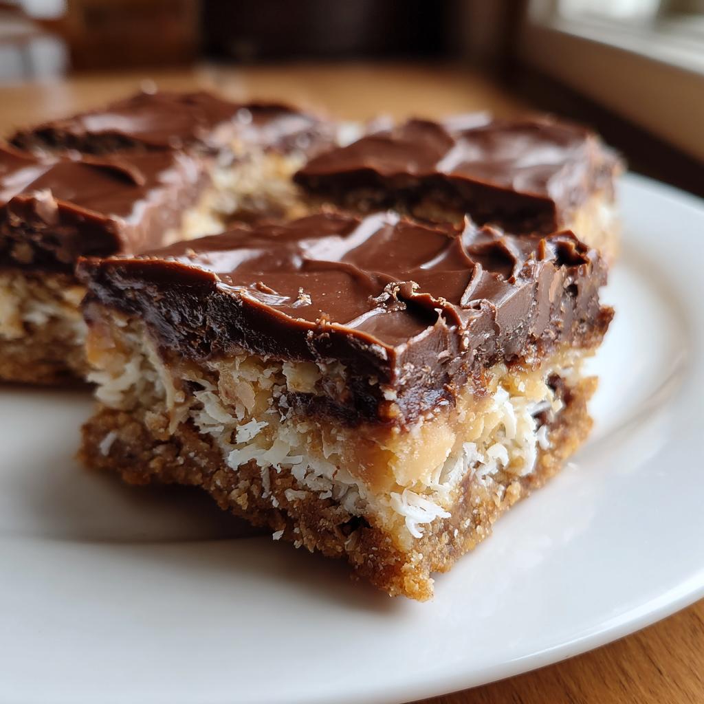 Close-up of chocolate coconut dessert bars with a chocolate topping and coconut filling on a white plate.