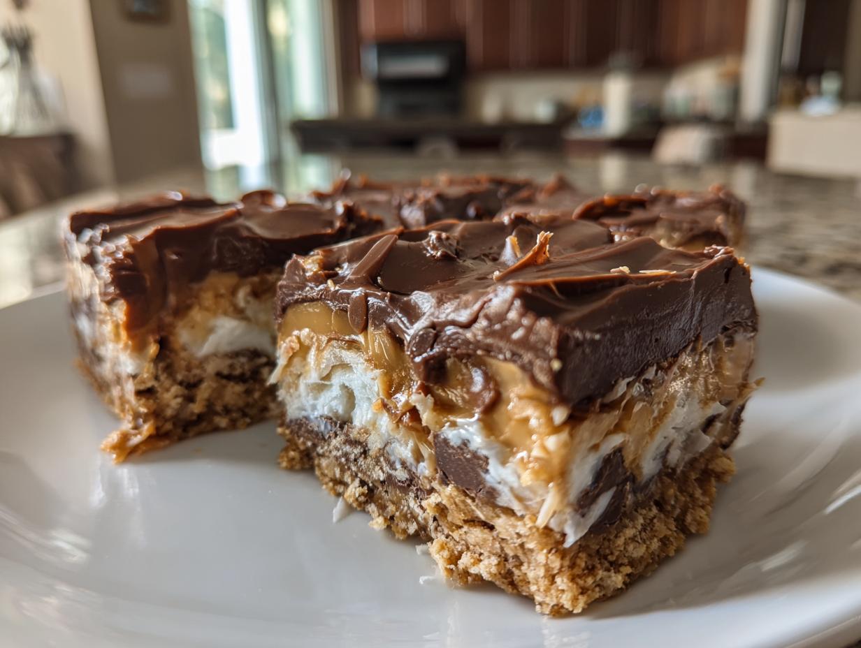 Two chocolate coconut dessert bars with layered chocolate, caramel, and coconut on a white plate.