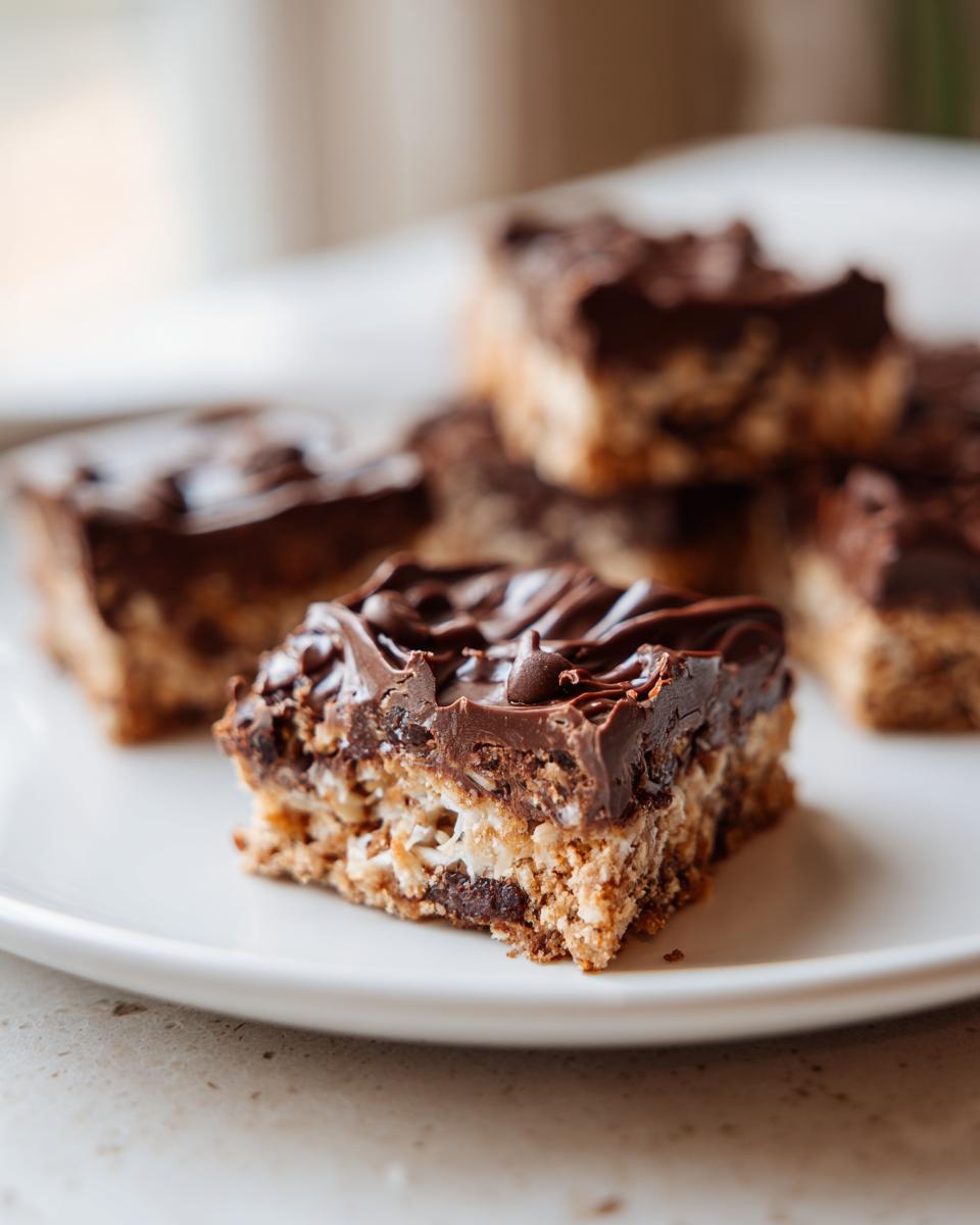 Close-up of chocolate coconut dessert bars with chocolate topping on a white plate.