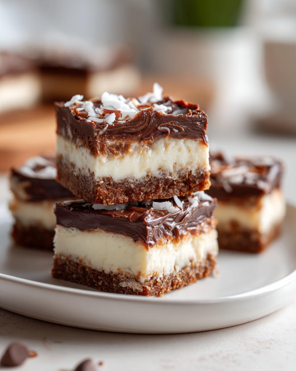 Close-up of stacked chocolate coconut dessert bars with chocolate topping and shredded coconut