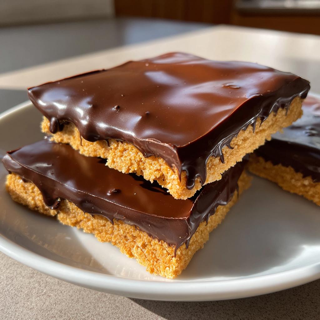 Two chocolate covered graham squares stacked on a white plate with glossy chocolate topping.