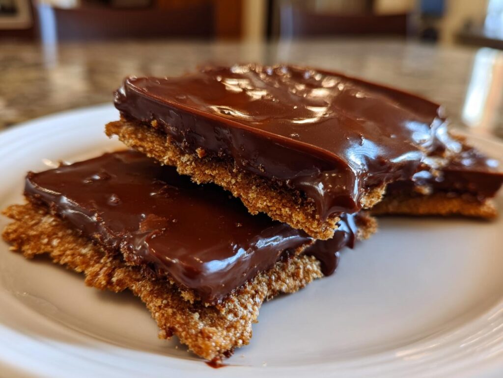 Two chocolate covered graham squares stacked on a white plate with glossy chocolate topping