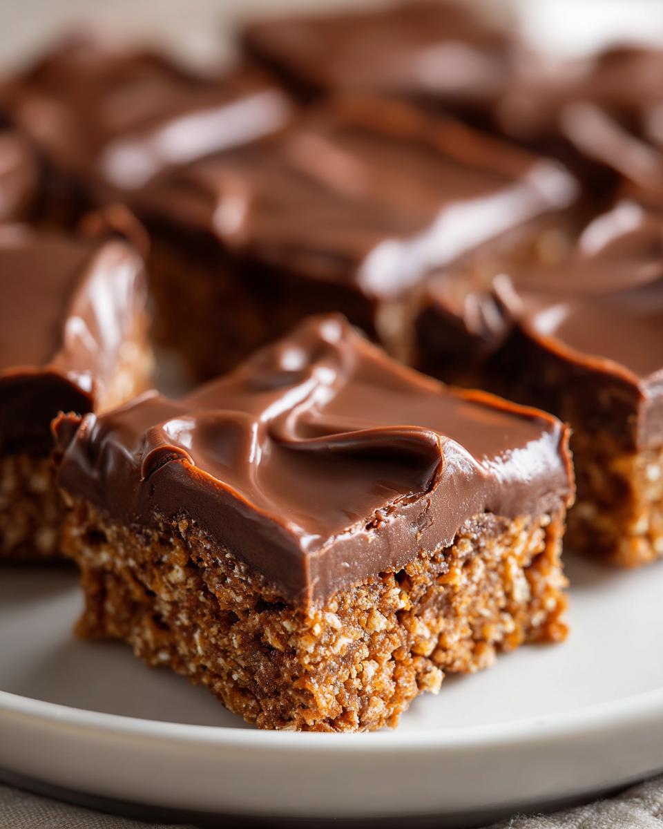 Square chocolate covered graham squares with smooth chocolate topping on a white plate.