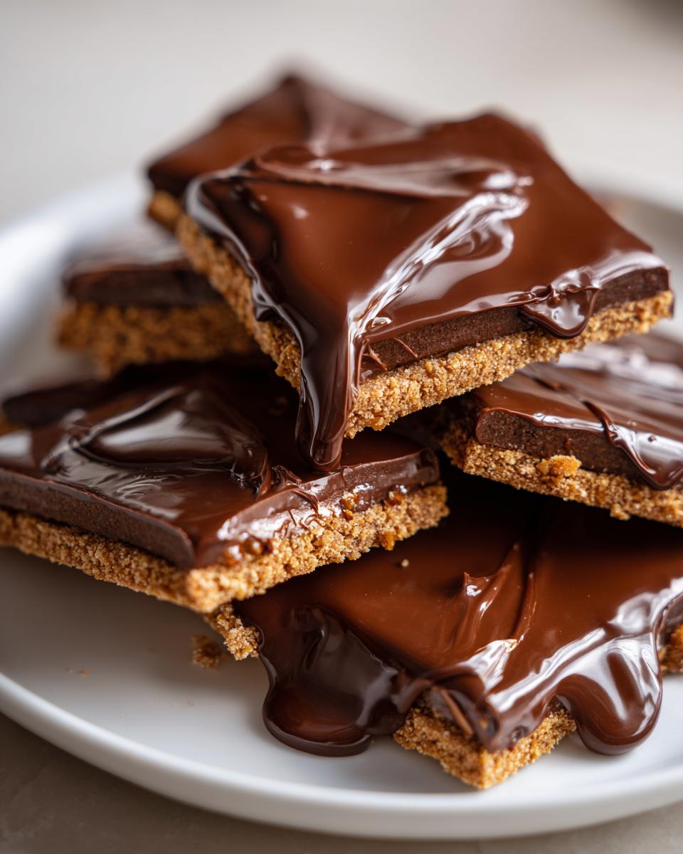 Stack of chocolate covered graham squares with smooth melted chocolate on top.