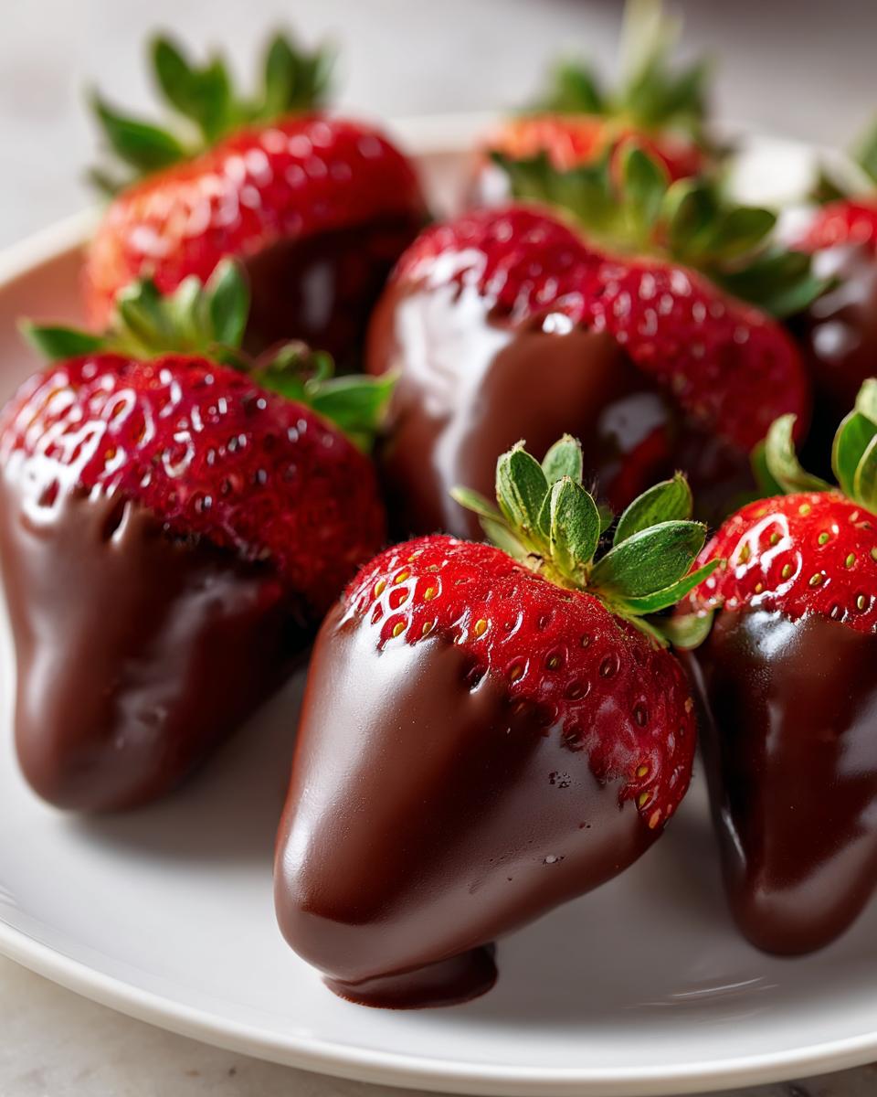 Fresh strawberries dipped in smooth chocolate on a white plate, showcasing chocolate covered strawberries.