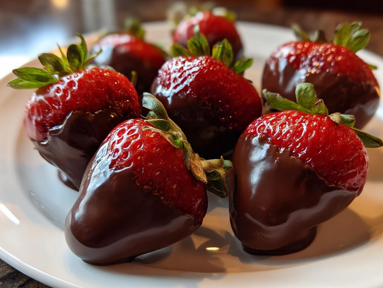 Fresh strawberries dipped in smooth chocolate arranged on a white plate, showcasing chocolate covered strawberries.