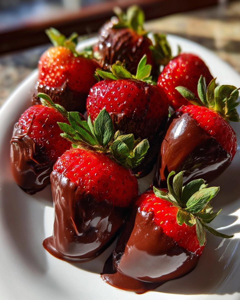 Close-up of fresh chocolate covered strawberries with green leaves on a white plate.