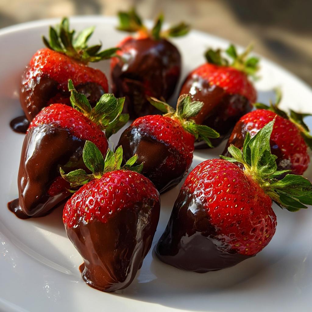 Close-up of ripe strawberries dipped in glossy chocolate on a white plate.