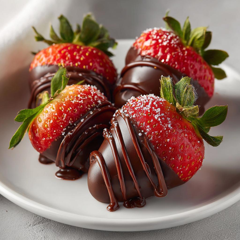 Fresh strawberries dipped in chocolate with chocolate drizzle and sugar sprinkles on a white plate.