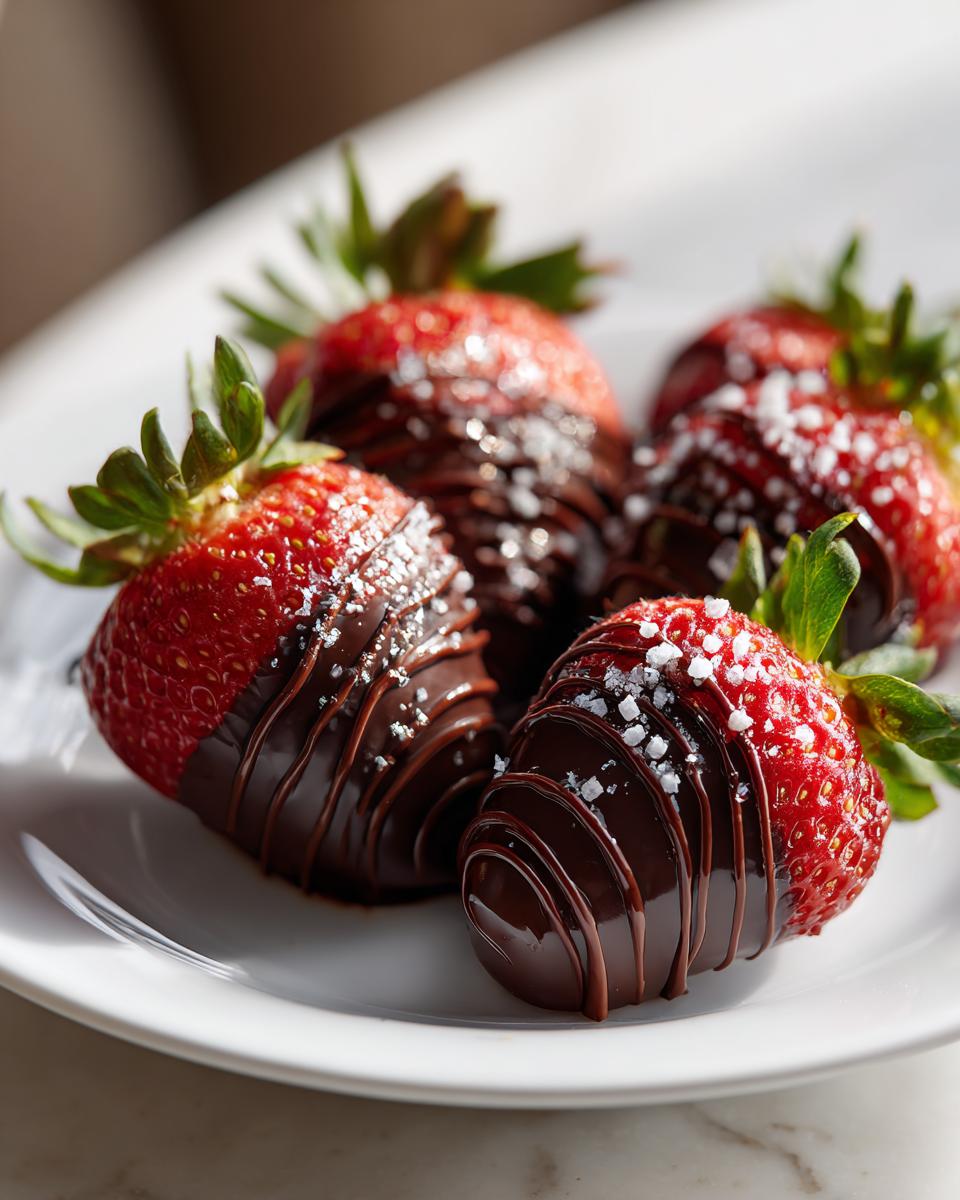 Fresh strawberries dipped in dark chocolate and sprinkled with sea salt on a white plate