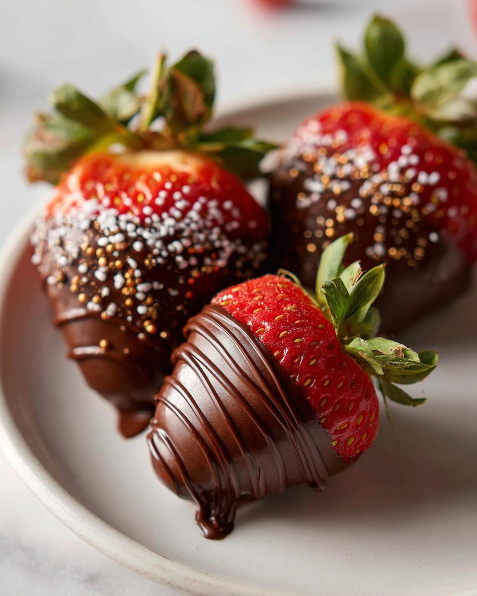 Fresh strawberries dipped in chocolate with decorative sprinkles on a white plate