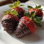 Fresh strawberries dipped in chocolate with silver sprinkles on a white plate.