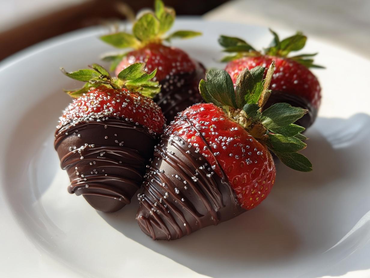Fresh strawberries dipped in chocolate with silver sprinkles on a white plate.
