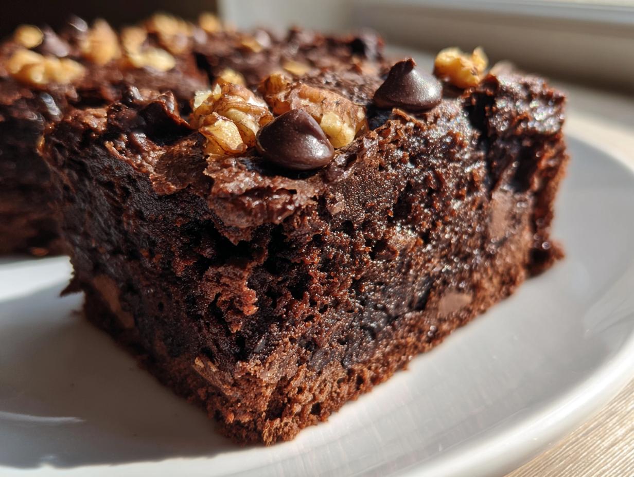 Close-up of a rich chocolate brownie topped with walnuts and chocolate chips on a white plate.