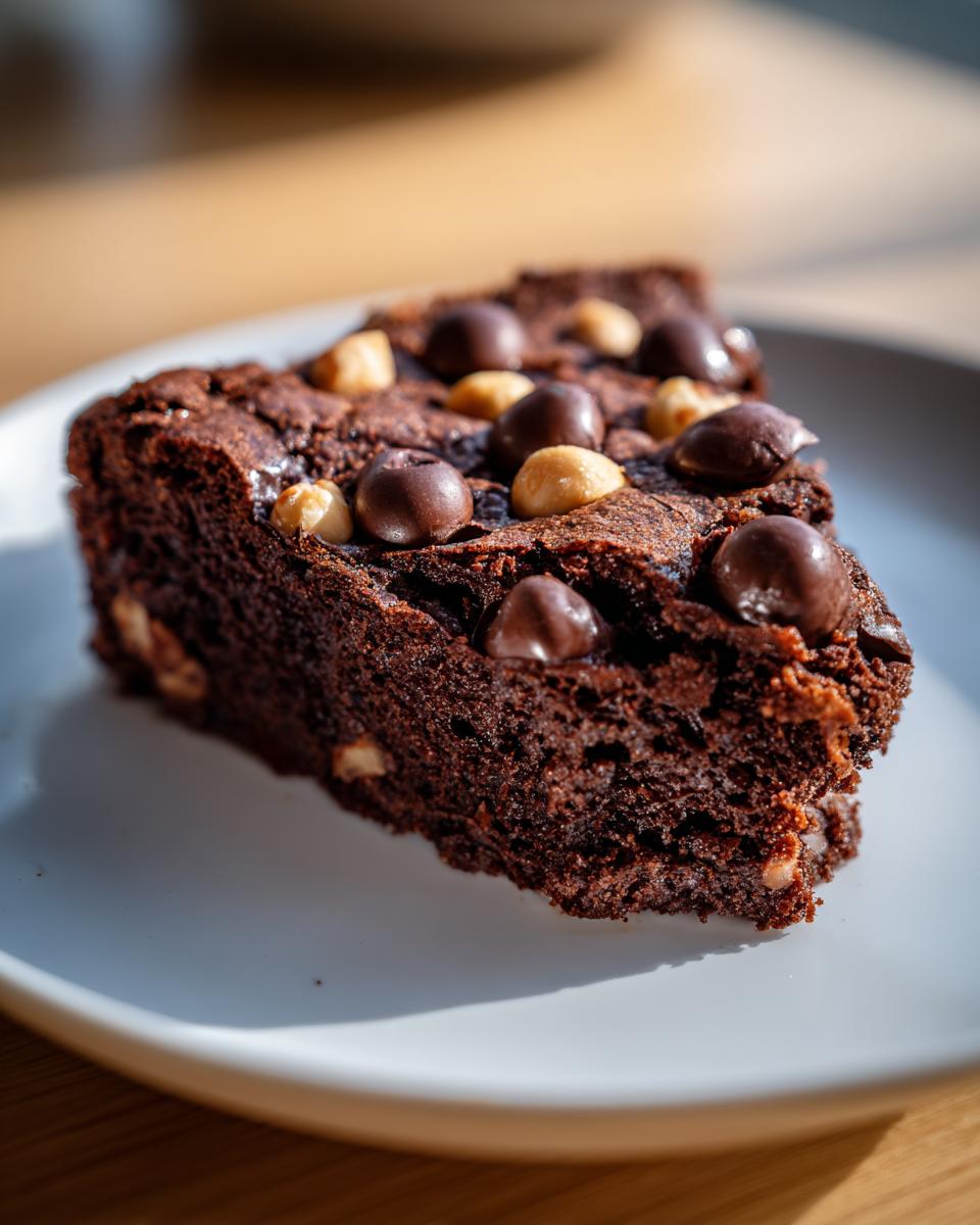 Close-up of a chocolate brownie topped with nuts and chocolate chips on a white plate.