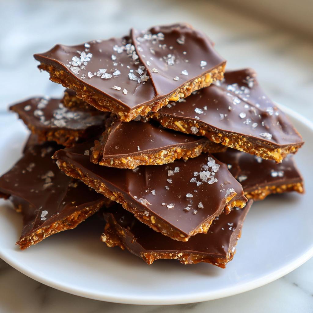 Stack of chocolate graham cracker bark pieces sprinkled with sea salt on a white plate