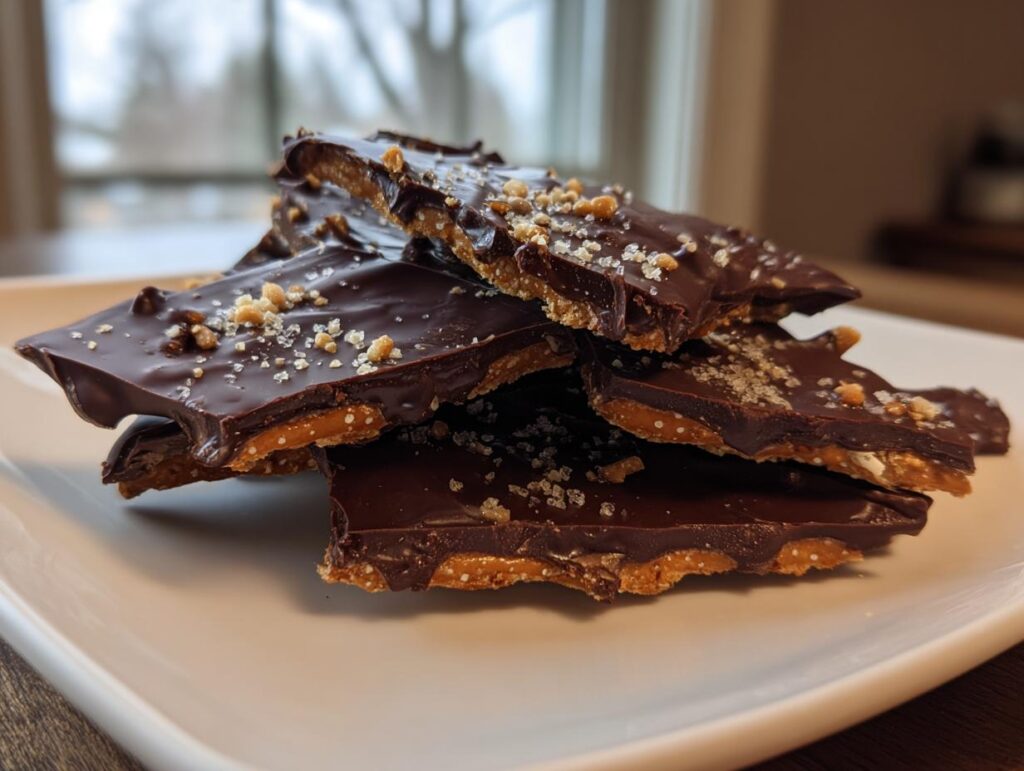 Stack of chocolate graham cracker bark pieces on a white plate with sprinkled sugar crystals.