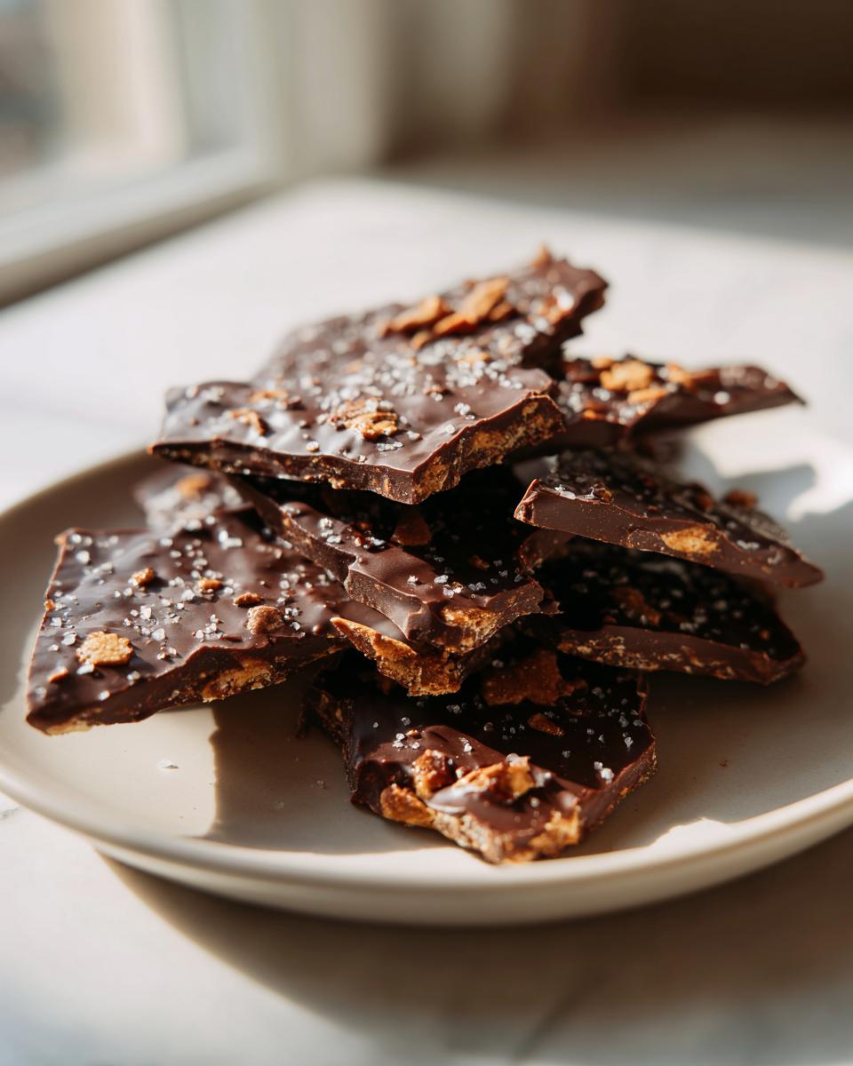 Pieces of chocolate graham cracker bark stacked on a beige plate with sea salt sprinkled on top.