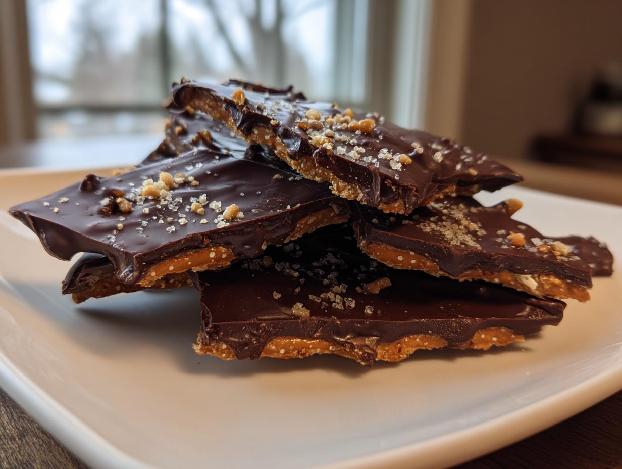Stack of chocolate graham cracker bark pieces on a white plate with sprinkled sugar crystals.