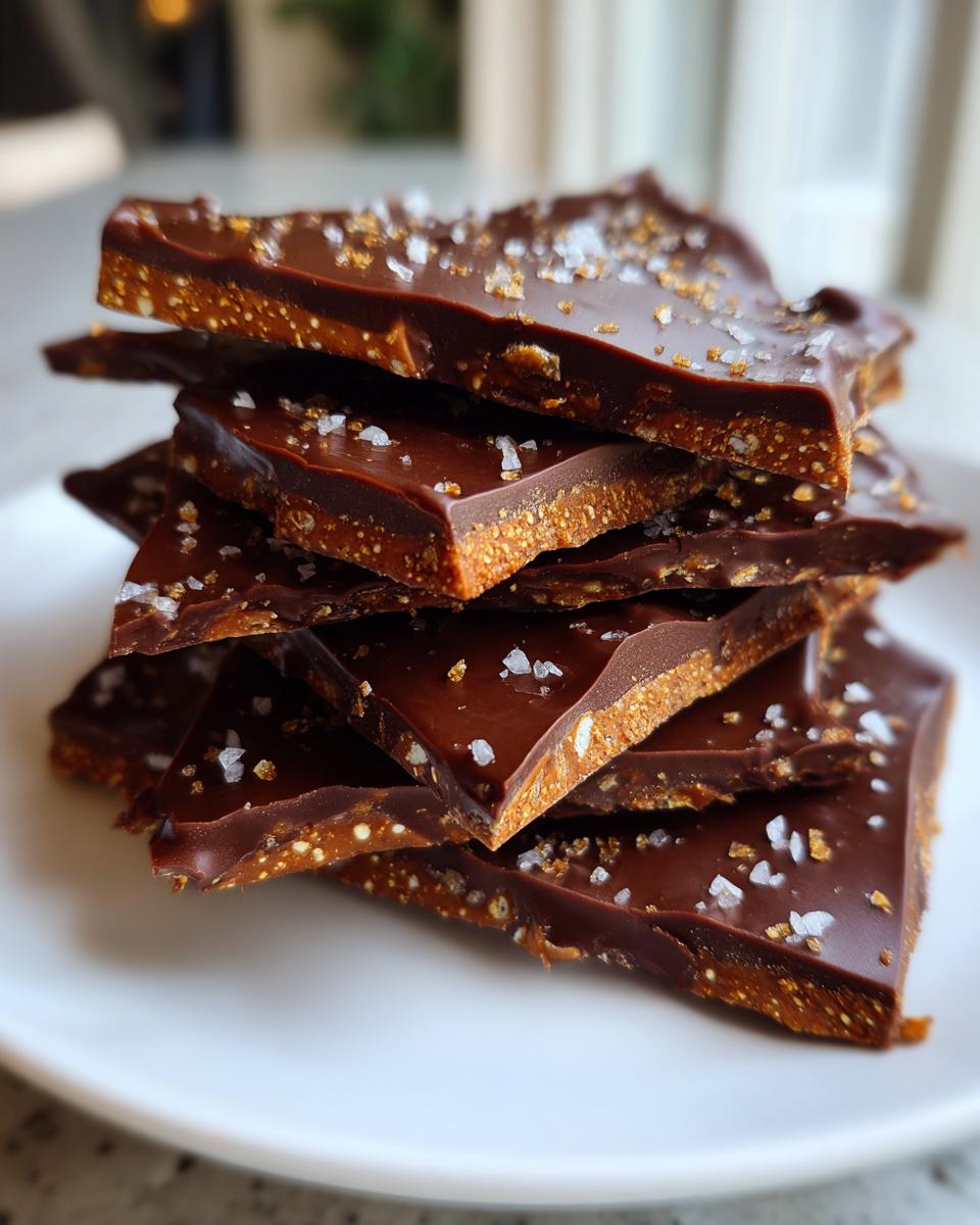 Close-up of stacked chocolate graham cracker bark sprinkled with sea salt on a white plate.