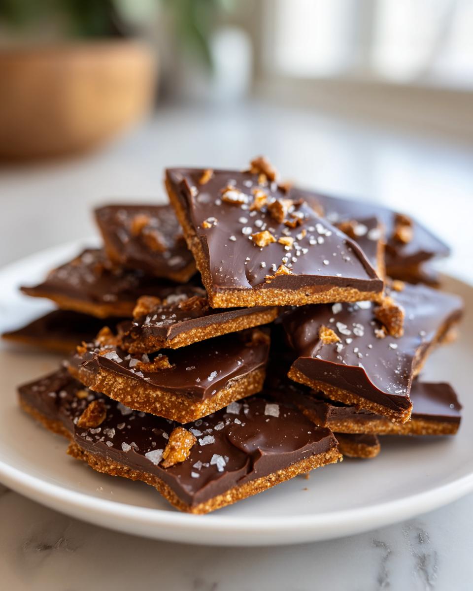 Close-up of chocolate graham cracker bark pieces stacked on a white plate with sea salt flakes