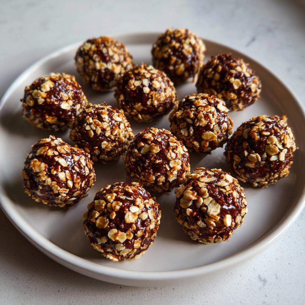 Close-up of chocolate hazelnut snack bites coated with oats on a white plate.