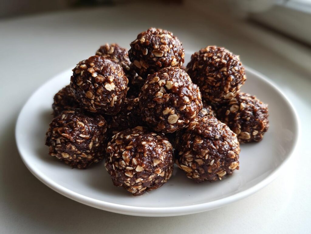 Close-up of chocolate hazelnut snack bites with oats on a white plate
