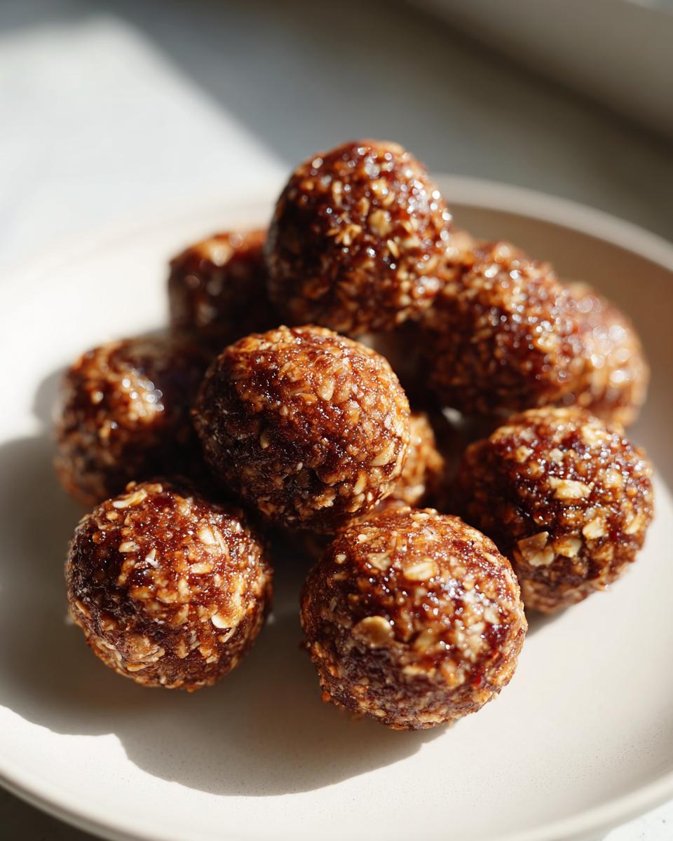 Close-up of round chocolate hazelnut snack bites with oats on a white plate.