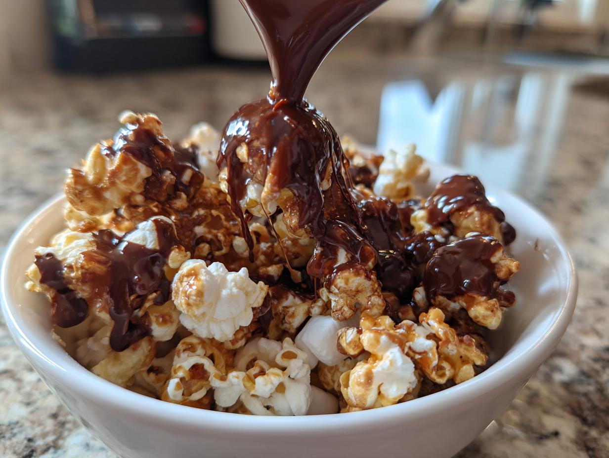 Bowl of chocolate marshmallow popcorn with chocolate being drizzled on top