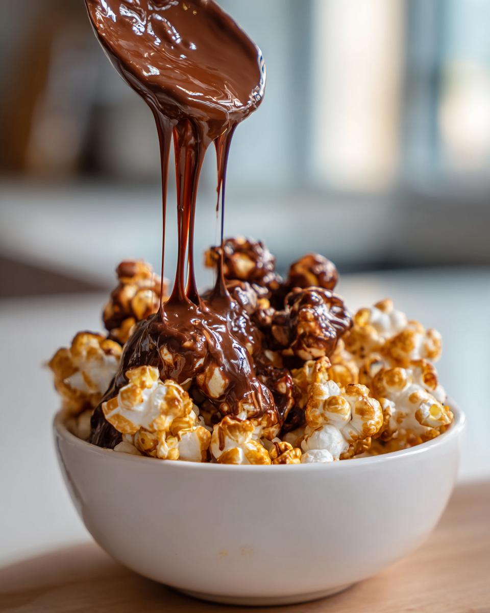 Bowl of chocolate marshmallow popcorn being drizzled with melted chocolate sauce.