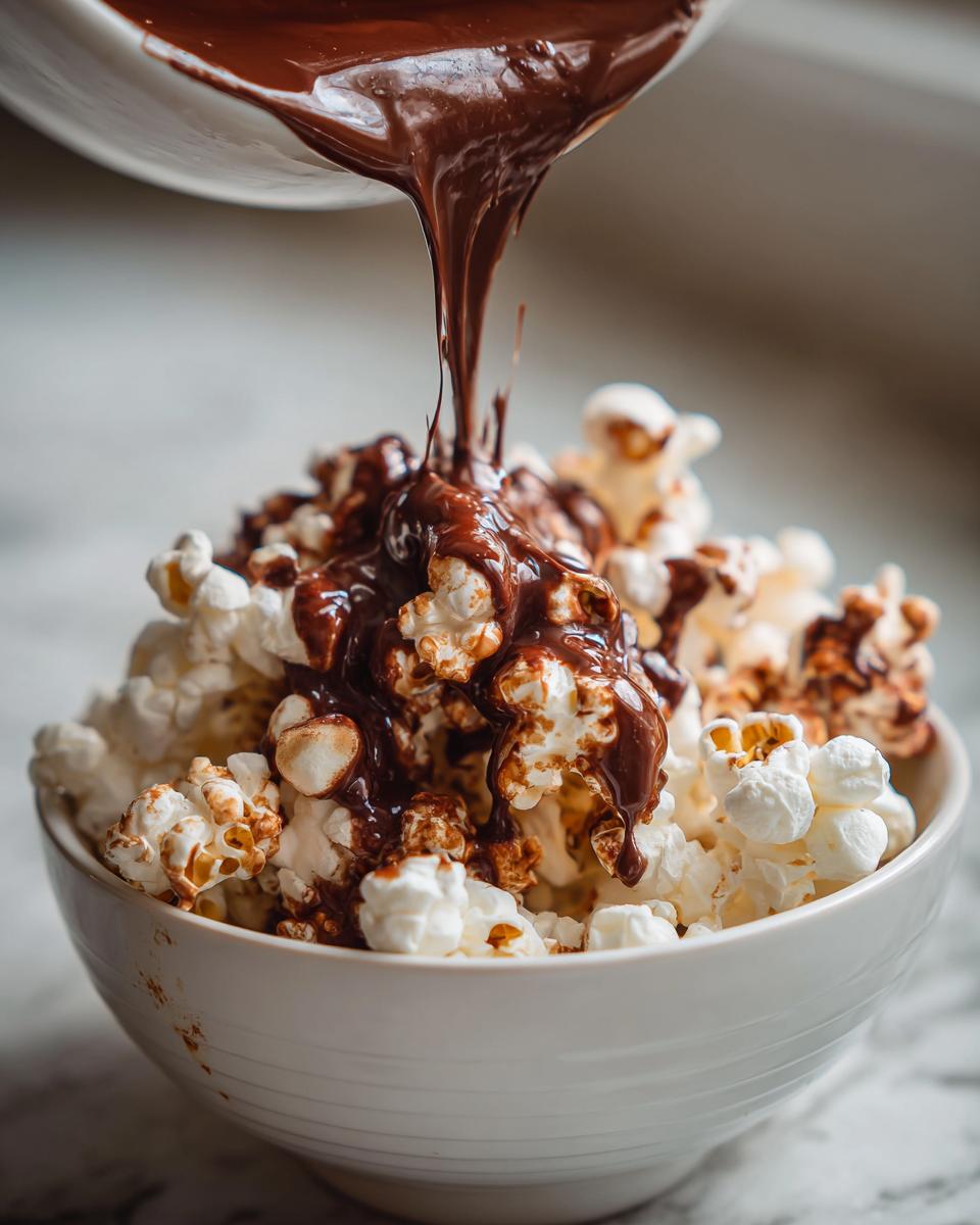 White bowl of popcorn being drizzled with melted chocolate for chocolate marshmallow popcorn