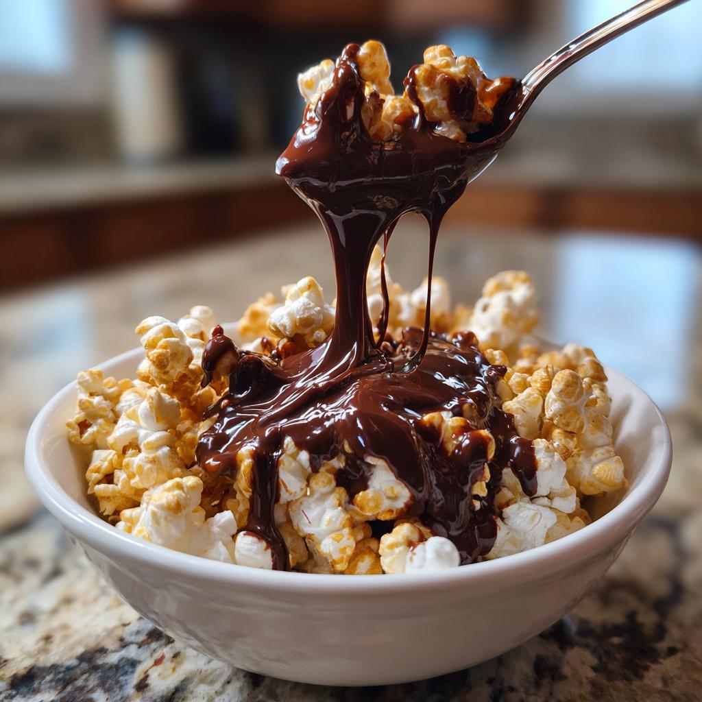 Bowl of chocolate marshmallow popcorn with melted chocolate being drizzled on top