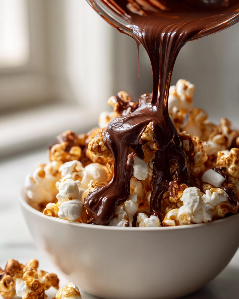 Chocolate marshmallow popcorn with melted chocolate being poured over popcorn and marshmallows in a bowl