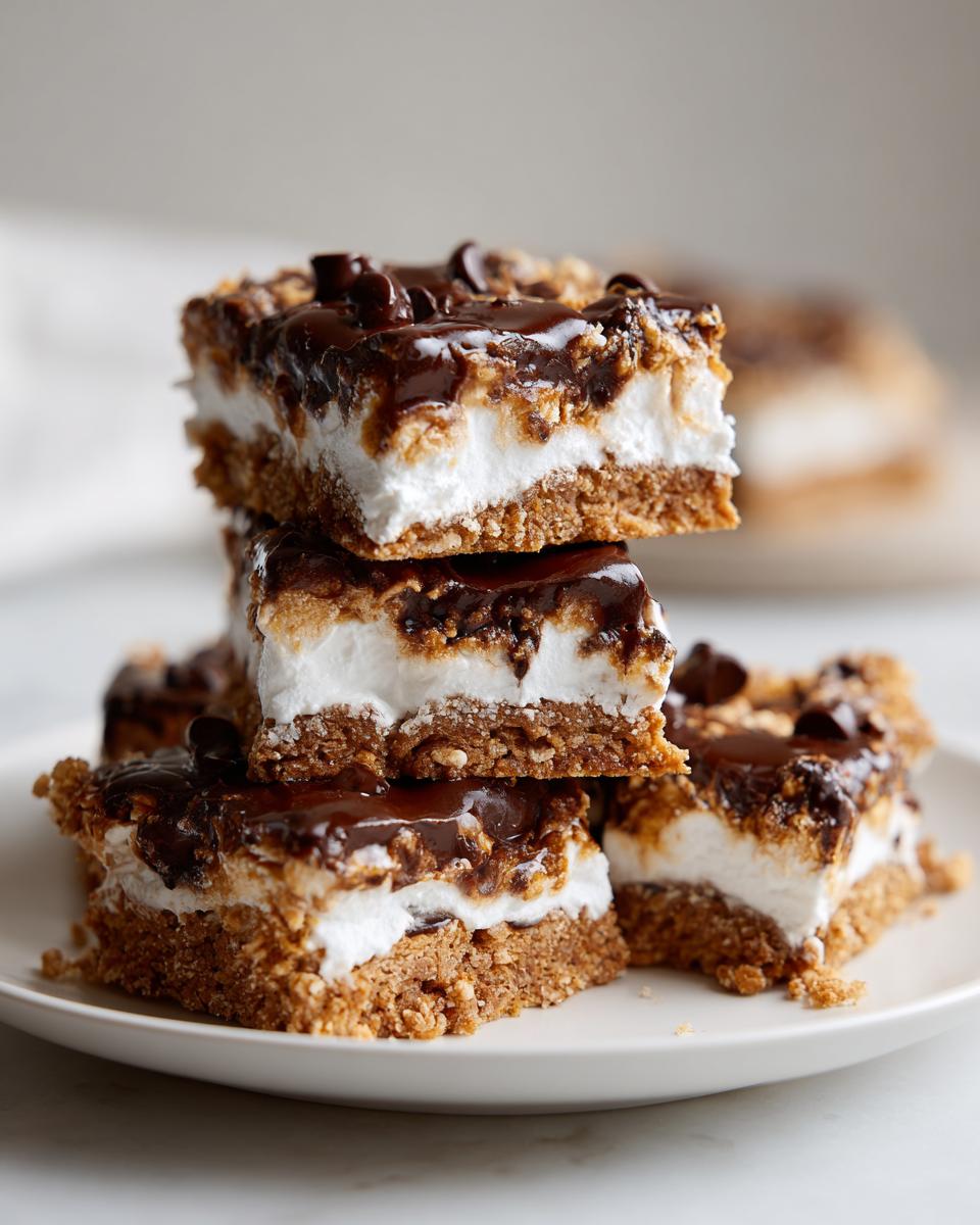 Stack of chocolate marshmallow sweet party treats on a white plate.