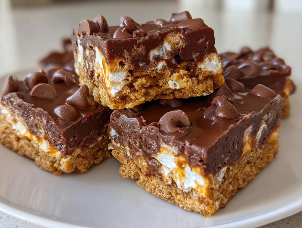 Close-up of chocolate marshmallow sweet party treats stacked on a plate.