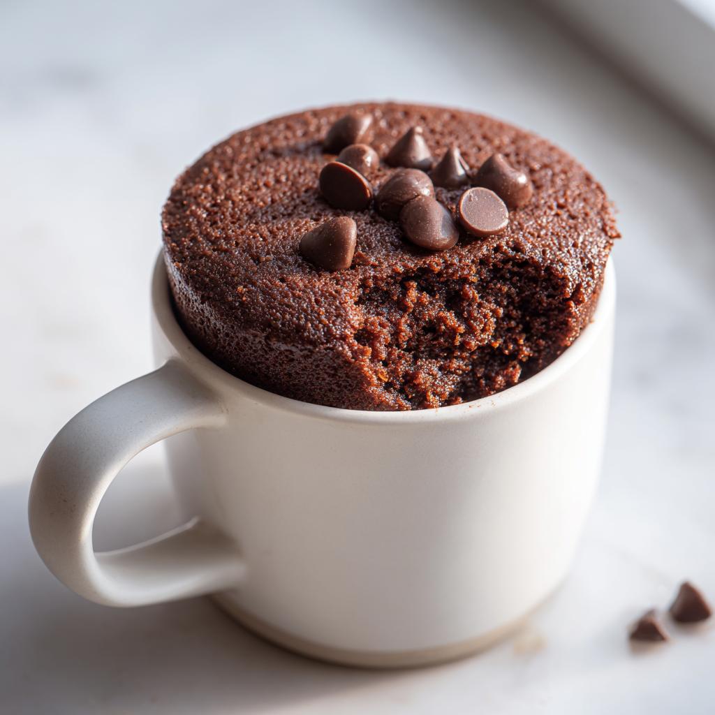 Close-up of a chocolate mug cake topped with chocolate chips in a white mug.
